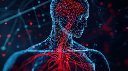 Artistic representation of the human circulatory system glowing red and blue pathways overlaying a transparent silhouette