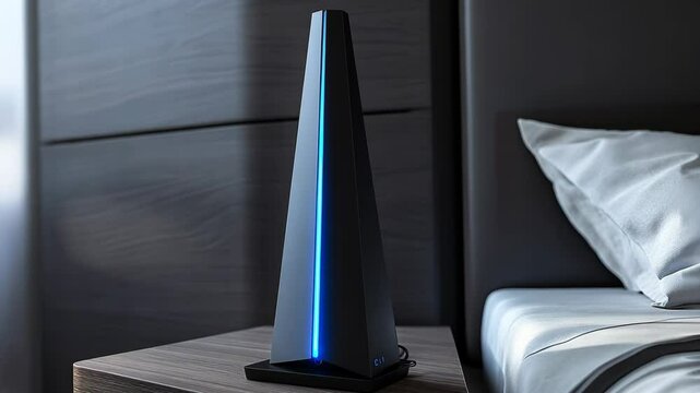 Modern black tower speaker with blue LED accent placed on a bedside table in a contemporary bedroom setting