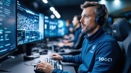 Focused individual using multiple screens in a modern workspace with various data visualizations and analytics