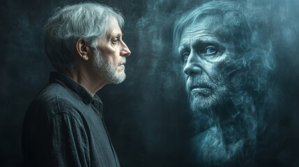 Lost In The Fog Portrait Of Senior Man Battling Depression, Addiction, And Mental Health Challenges