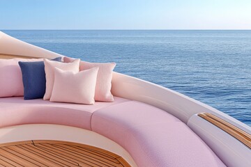 Obraz premium Luxury yacht anchored in serene blue waters with elegant dusty pink and navy accents in the seating area inviting relaxation and enjoyment