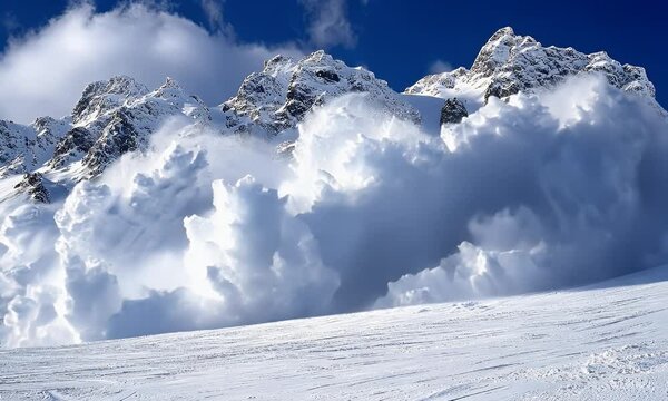 A massive avalanche cascades down snow-covered mountains under a clear blue sky.