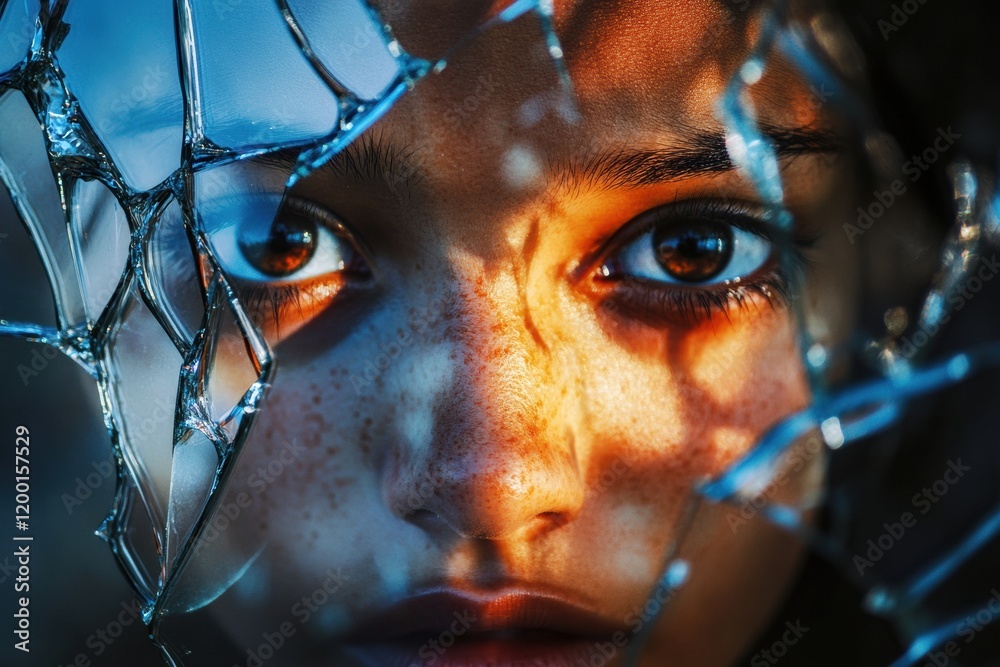 Poster shattered glass reveals reflection of a persons fragmented face illuminated by soft light at dusk. g