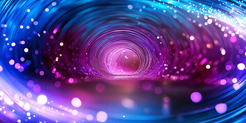 Vibrant abstract violet tunnel with bokeh lights in a surreal cosmic space