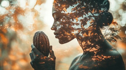 Silhouette of Mesoamerican figure with cacao pod under lush jungle canopy