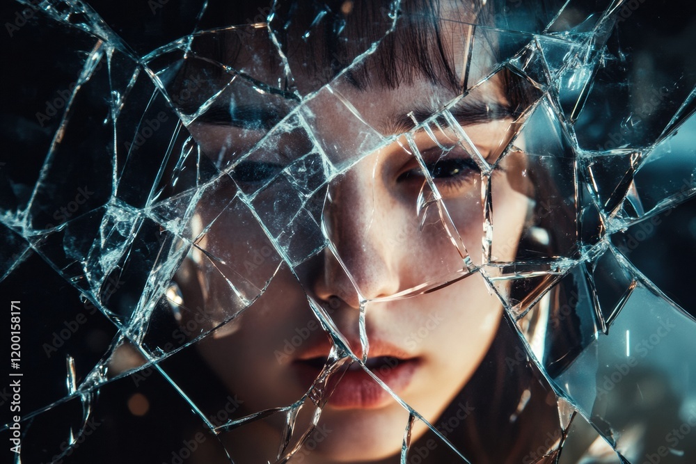 Fototapete shattered glass reflecting a fragmented face creating a surreal and introspective atmosphere in dim 