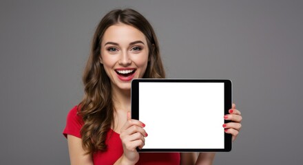 Fototapeta premium A happy woman holding a tablet with the screen visible in the frame. The screen is white.