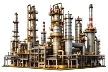 Oil refinery plant at night and in the morning with industrial towers and chimneys emitting smoke showcasing energy production and petrochemical processes