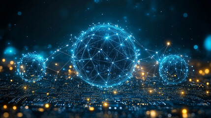 Abstract AI circuit board background showcasing technology connecting electronic elements, symbolizing the fusion of computing power and innovation in modern electronics. A blurred caption space invit