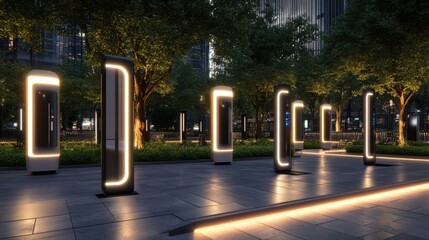 Row of illuminated, futuristic-looking charging stations for electric vehicles, likely in a public space like a park or city square