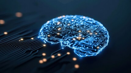 Glowing blue brain composed of intricate circuitry, suggesting the concept of artificial intelligence or brain-computer interfaces