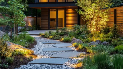 A serene modern garden path leads to a stylish home, illuminated by warm lights, surrounded by lush greenery.
