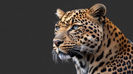 Fototapeta premium A close-up of a majestic leopard showcasing its striking spots and intense gaze against a dark background.