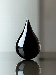 Single black oil drop on smooth surface reflecting soft light in a minimalist setting. Generative AI