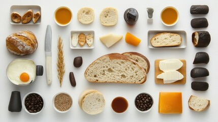 A colorful arrangement of various breakfast items including bread, cheese, and spreads on a white background