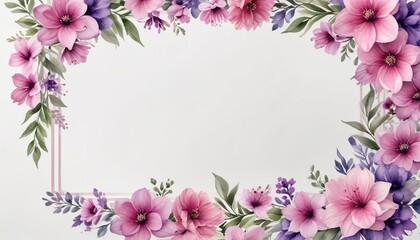 Fototapeta premium Watercolor border frame with pink purple flowers on white background, floral, purple