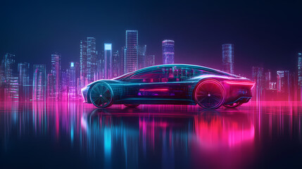 A sleek, futuristic car reflecting an illuminated cityscape. the vibrant neon lights capture the essence of modern urban life and advanced automotive technology. Urban Neon Aesthetic. Illustration