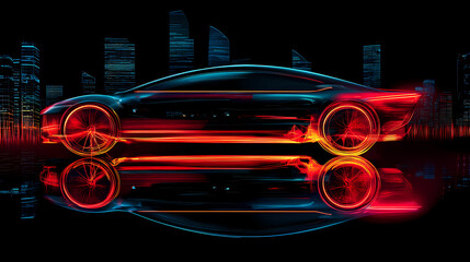 A sleek, futuristic car reflecting an illuminated cityscape. the vibrant neon lights capture the essence of modern urban life and advanced automotive technology. Urban Neon Aesthetic. Illustration