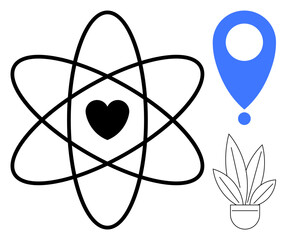 Heart at the center of atomic orbit lines, blue location pin, outline of potted plant. Ideal for science, technology, health, location, environment love growth. Minimalist abstract line flat