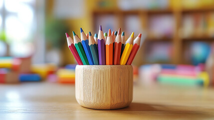 A set of colored pencils arranged in chaos with modern blurred background, leaving an empty caption space on the side representing creativity, focus, and the blend of order and chaos

