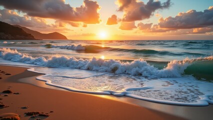 Obraz premium An enchanting sunset graces the horizon, where warm hues of orange and yellow meld into a soft, cerulean sky. The radiant sun nestles midway above the tranquil, deep-blue ocean