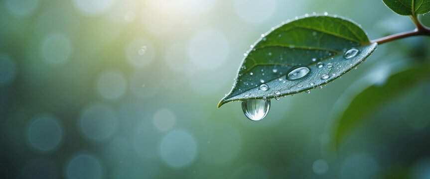 Fresh green leaf adorned with raindrops radiating tranquil beauty in a softly blurred background