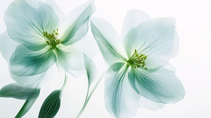 Obraz premium Elegant light blue flowers with delicate petals and green accents, evoking a serene and tranquil atmosphere.
