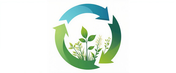 Obraz premium Circular ecosystem represented by green plants in a vibrant cycle with blue and green arrows conveying growth and renewal against a clean white background