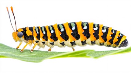 Naklejka premium A vibrant orange and black caterpillar resting on a green leaf, showcasing its striking patterns and textures.