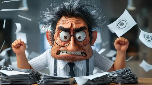 A cartoon office worker struggles with a chaotic pile of papers and documents. His expression shows frustration and stress as he navigates the cluttered workspace filled with scattered paperwork.