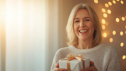 Mature woman grinning, clutching wrapped gift against soft glowing holiday background, festive warmth radiating