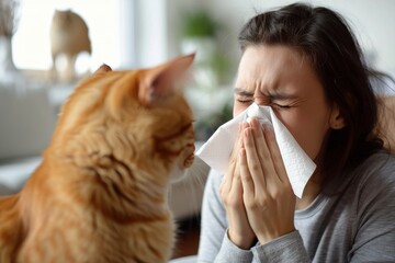 A woman struggles with allergies while sitting at home with her orange cat during the afternoon light