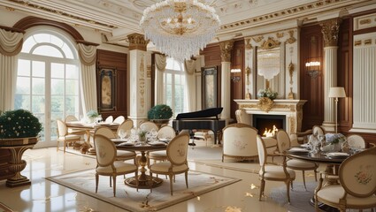 Elegant Neoclassical Style Living and Dining Room Design with Timeless Sophistication