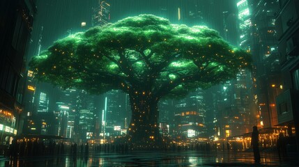 Obraz premium Large glowing tree stands in a futuristic urban setting under neon lights at night, merging nature and technology