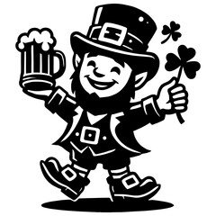 Cheerful Leprechaun Figurine for St. Patrick's Day Celebration Silhouette, black and white Vector Art isolated on white background