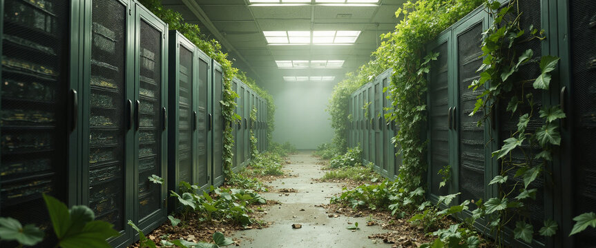 Abandoned data center overtaken by nature, conveying a sense of decay and vulnerability, symbolizing the potential risks in cybersecurity