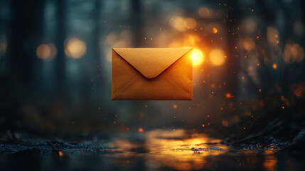 An open envelope with golden light spilling out, symbolizing the emergence of new ideas, opportunities, or revelations, with a blurred background that suggests uncertainty or change