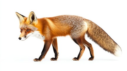 Fototapeta premium A sly fox sneaking forward, its tail bushy, isolated on a pure white background,