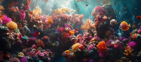 Fototapeta premium Colorful corals and fish swim in clear water with sunbeams shining above, ideal for ocean themed content