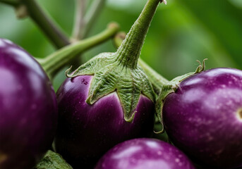 Close-up of fresh purple eggplants Vibrant colors and organic shapes highlight the rich texture and natural beauty of this healthy plant, ideal for kitchen and agriculture themes