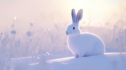 Obraz premium A serene snow-white rabbit sitting in a tranquil winter landscape, surrounded by soft snow and gentle light.