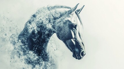 A majestic gray horse emerging from a smoky background, symbolizing strength and beauty.