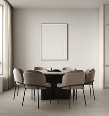 Cozy living room design with a round dining table with beige upholstered chairs and a picture frame on the wall, a large window, linen curtains. 3d render
