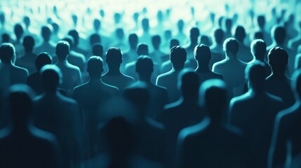 teal blue crowd silhouette with dramatic lighting in abstract style