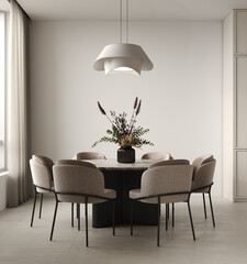  cozy modern dining room with round table, beige soft chairs and pendant lamp, dried flowers in vase interior background, 3d rendering