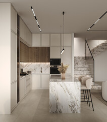 Kitchen-living room design  in beige tones. Kitchen set with frames and flush glass, kitchen island with bar stools, black pendant lamp, marble stairs in the background