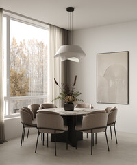 Home layout, cozy modern dining room with round table, beige soft chairs and painting on the wall interior background