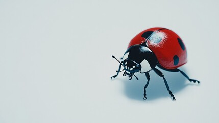 A vibrant red ladybug with black spots on a clean, light backdrop, showcasing its intricate details and glossy finish.