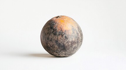 A rustic, textured orange and gray spherical object on a clean white background, evoking a minimalist aesthetic.