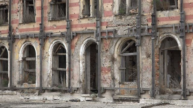 Close up of the largely destructed Tito Palace building in Mostar, Bosnia Herzegovina
